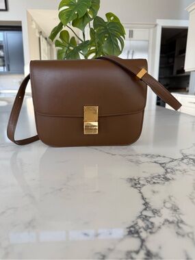 Classic Brown Leather Crossbody Bag with Gold Hardware